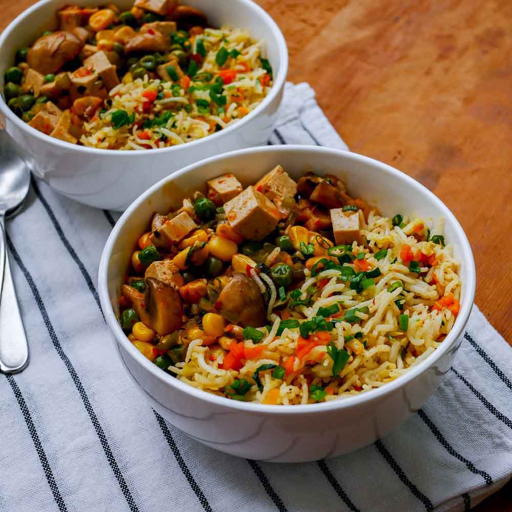 Carrot and Cabbage Rice with Tofu and Veggies Stir-Fry