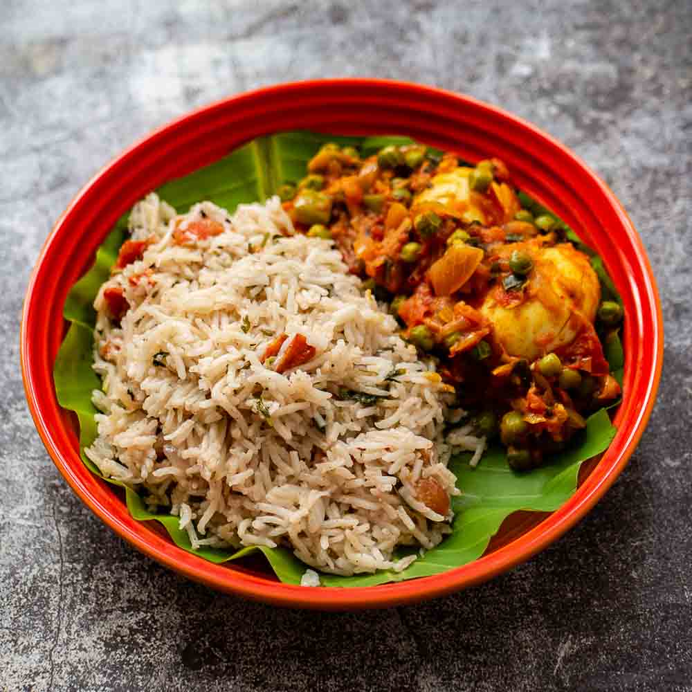 Coconut Milk Rice and Egg Peas Masala – Thengai Paal Soru and Muttai Pattani Masala