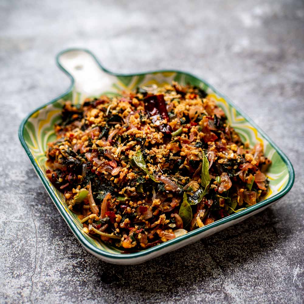 Thotakura Vepudu | Red Amaranth Greens Stir-Fry with Garlic and Peanuts
