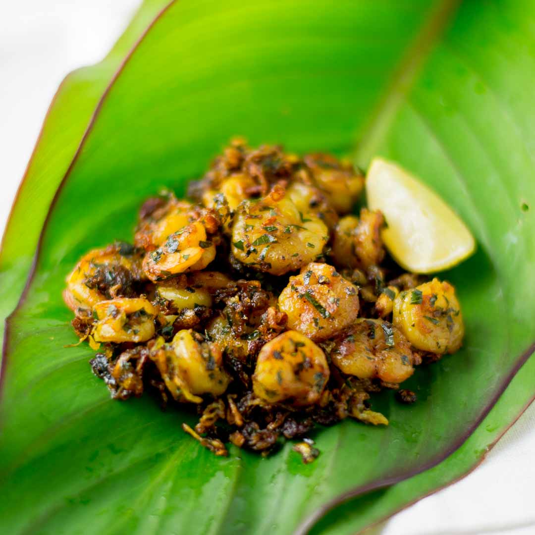 Prawn Pepper fry with Curry Leaves, Karuveppilai Iral milagu varuval